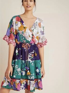 Anthropologie Nettie Tiered Mini Floral Wrap Ruffle Boho Dress XS